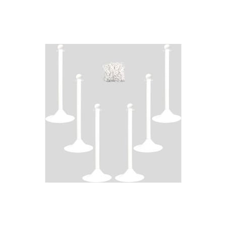 Global Equipment Mr. Chain Light Duty Plastic Stanchion Kit With 2"x50'L Chain, 41"H, White, 6 Pack 71001-6